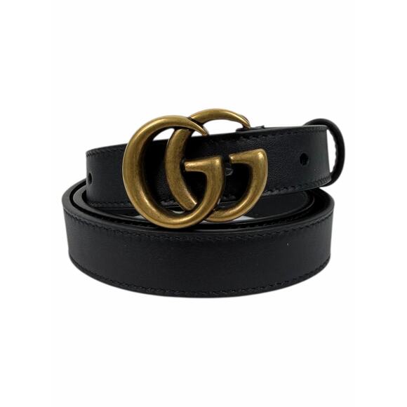 Gucci GG Logo Buckle Marmont Thin Belt Black Smooth Leather Size 80cm/32\